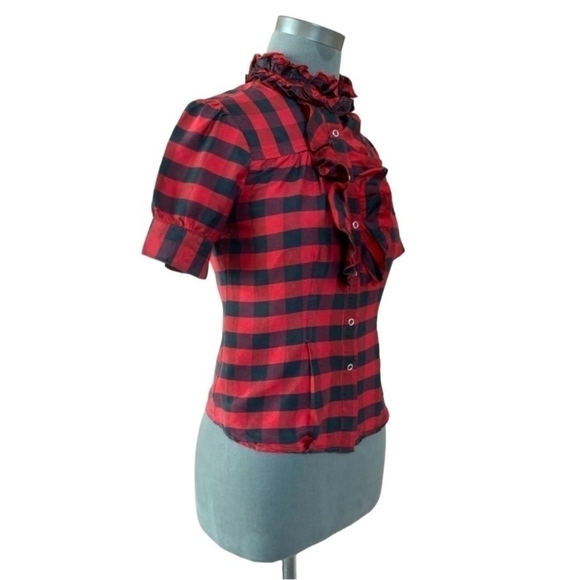 Women Top TWENTY ONE Red Black Buffalo Plaid Ruffle Blouse Button Up Silk Shirt - Picture 3 of 6